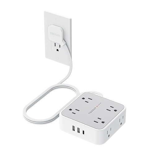 TESSAN Surge Protector Power Strip, 5 Ft Flat Plug Extension Cord with 3 USB (1 USB C) 8 Outlets, 1250W, 900J Protection, 3 Sided Outlet Extender with Power Switch for Office, Dorm Room, Grey