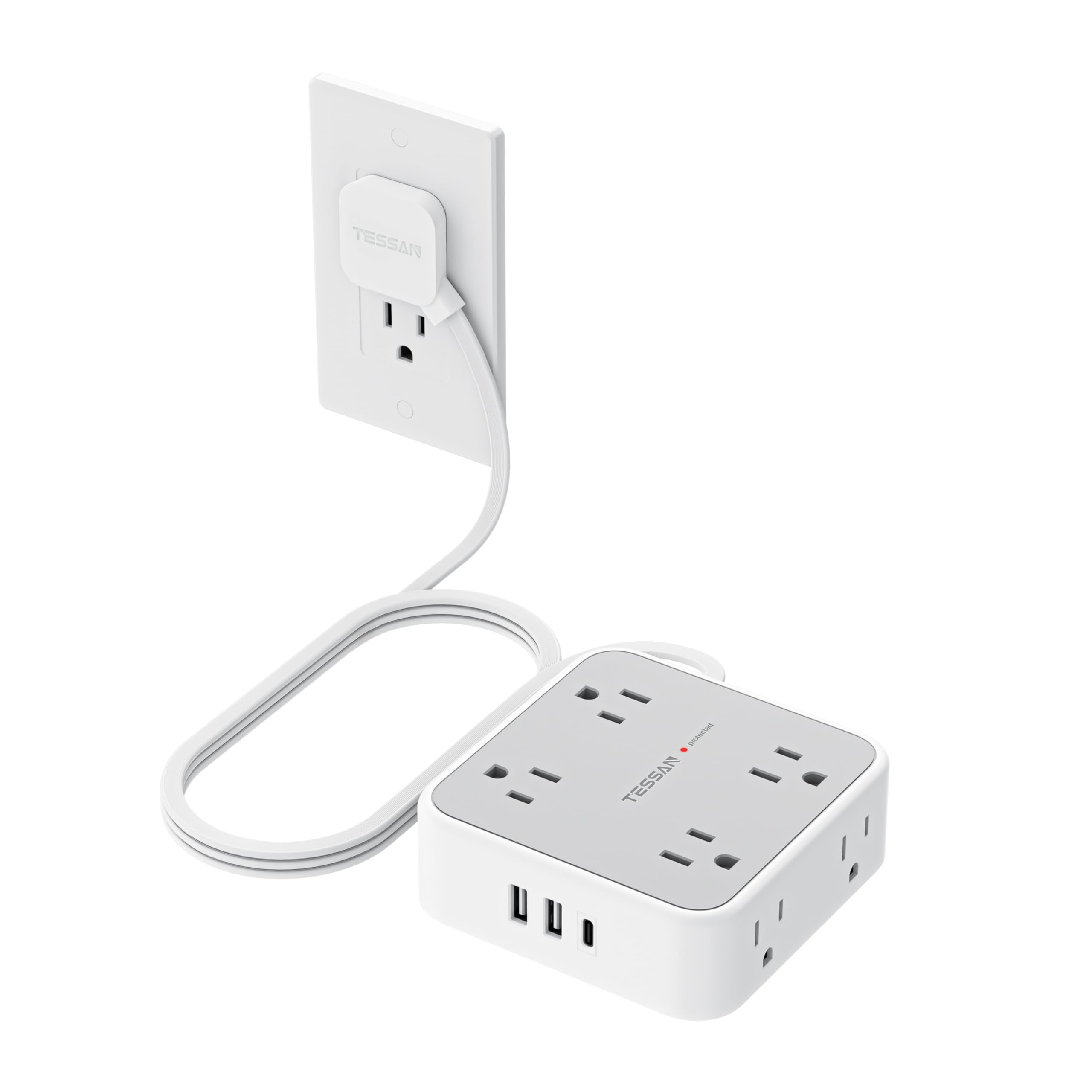 TESSAN Surge Protector Power Strip, 5 Ft Flat Plug Extension Cord with 3 USB (1 USB C) 8 Outlets, 900J Surge Protection, 3 Sided Outlet Extender with Power Switch for Office, Dorm Room Essentials