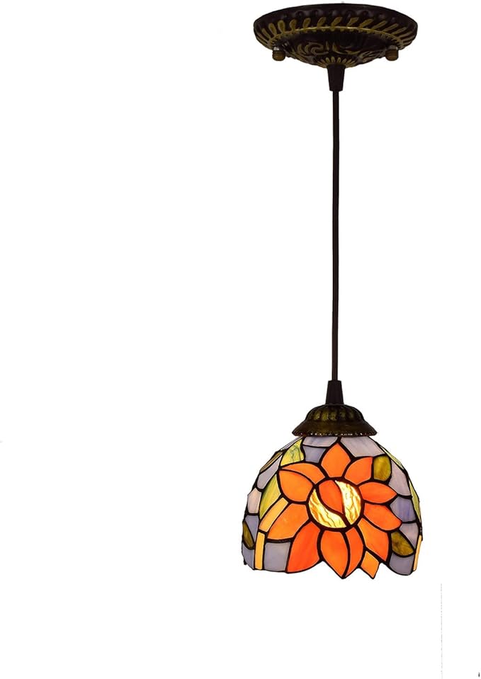 Generic Glas in lood Tiffany Lamp 6" Stijl Kleine Pnedent lamp Oranje Bloemen Glazen Hanglamp Plafond Hanglamp Armatuur Schaduw, voor Eetkamer Keukeneiland Slaapkamer, E26/E27 photo 2