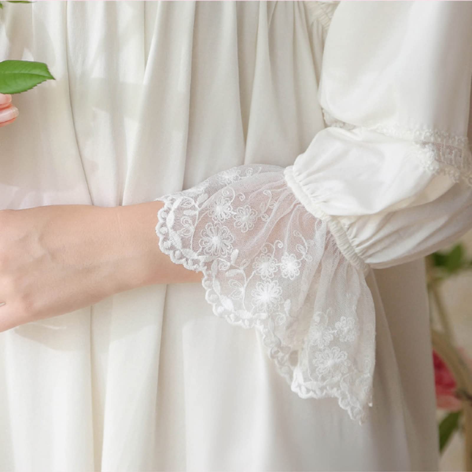 OFFSUM Camicia da Notte Donna - Primavera Casual Tinta Unita Camicia da Notte Scollo A V Pizzo Cotone Ricamo Pigiameria Elegante Autunno Principessa Pigiameria Abbigliamento