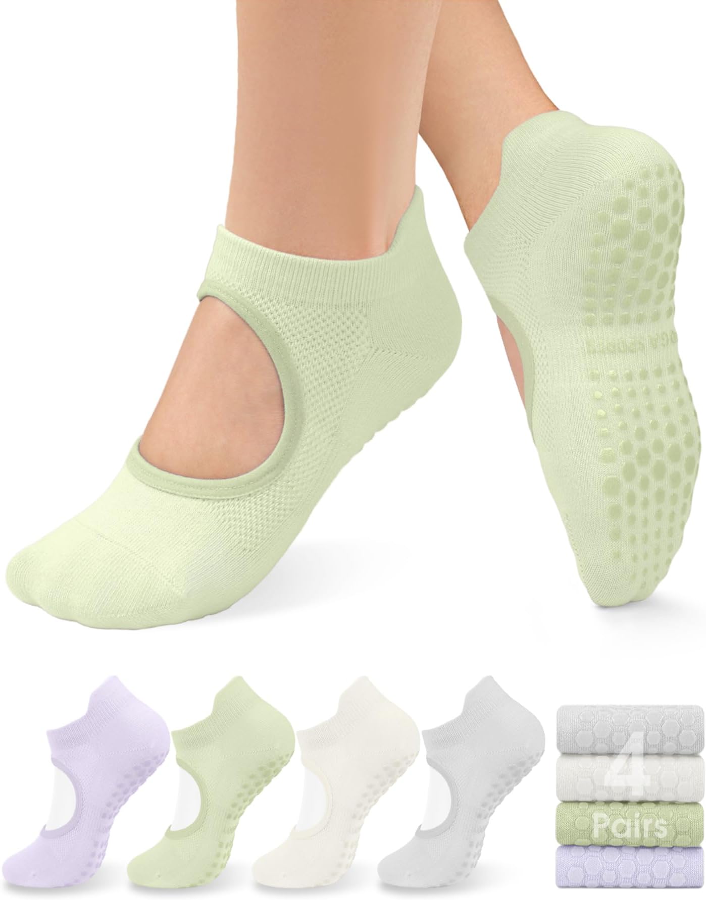 yeuG Pilates Socks for Women Non Slip Grip Socks for Yoga, Barre, Hospital, Barefoot Grippy Yoga Sock Womens Gifts 4 Pairs