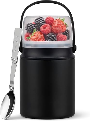Miniatura 8 de Tarro de comida aislado 2 en 1 con un recipiente para aperitivos, termo de sopa para niños de 15 onzas para comida caliente con asa y cuchara