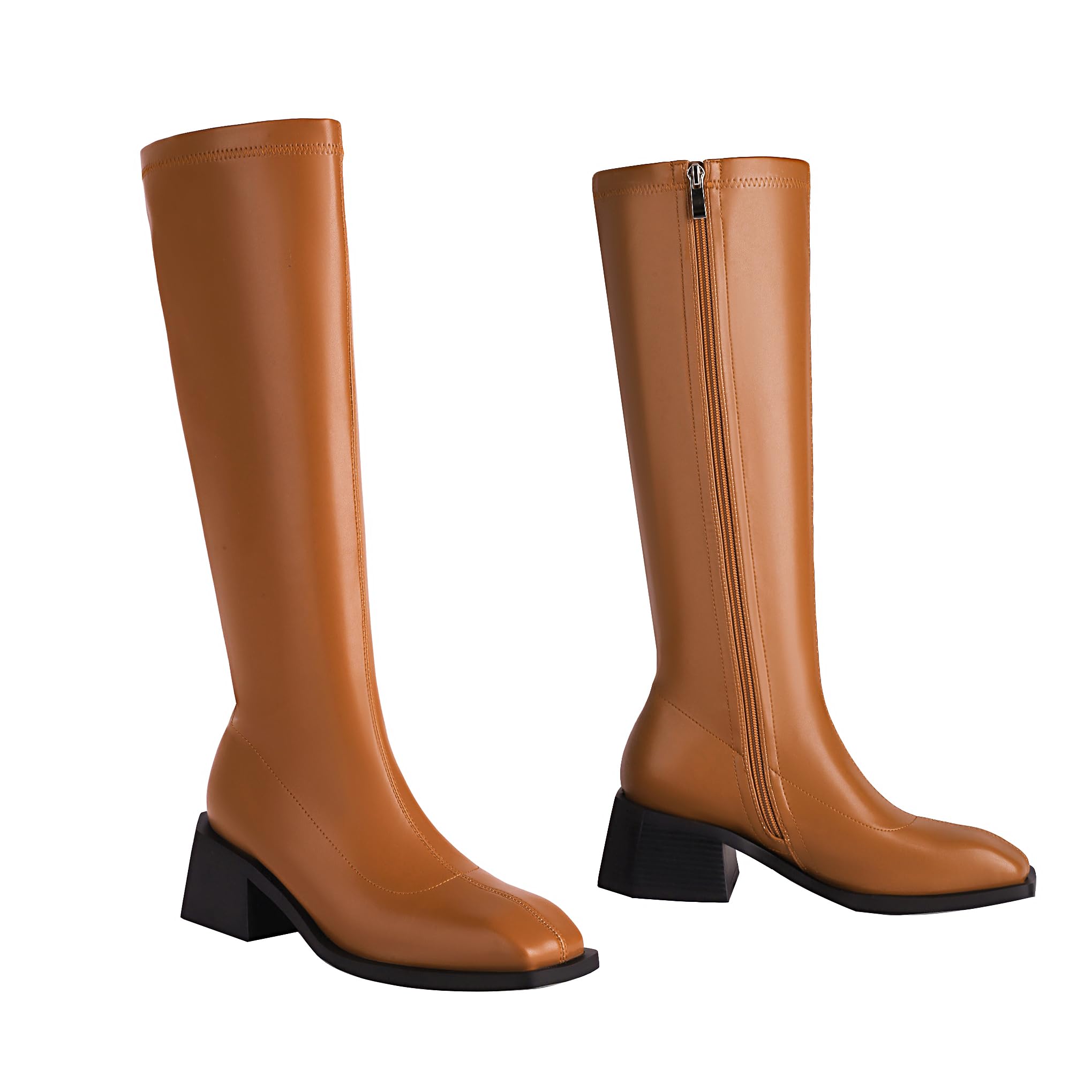 vivianly Women's Fashion Knee High Boots Chunky Block Heel Square Toe Zipper Long Boot