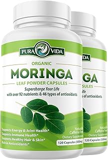 PURA VIDA MORINGA Capsules Single Origin Organic Moringa Powder. Moringa Leaf. Energy, Metabolism, & Immune Support. 120ct. 500mg Caps. (Pack of 2)