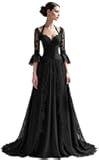 KPDFIF Gothic Lace Wedding Dresses for Bride Long Sleeves Black Bridal Gown Applique A-Line Wedding Gowns