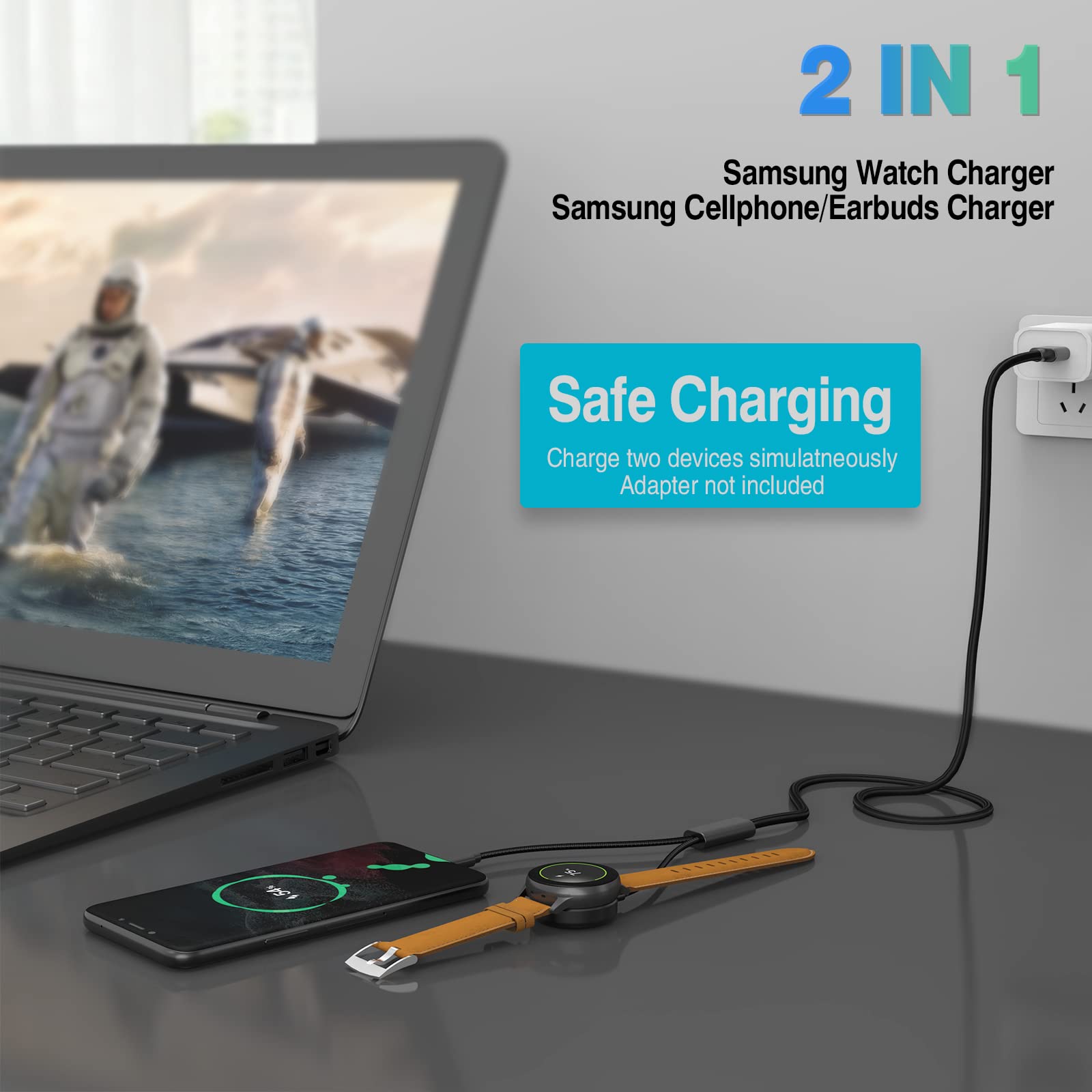 Caricabatterie magnetico 2 in 1 USB-C Galaxy Watch per Samsung Galaxy Watch 7/6/5/4/3/Classic, Pro 5/4, Active Watch 2/1, Galaxy Buds/Live/+, cavo di ricarica rapida da 1,5 m per Galaxy S22/21/20/10