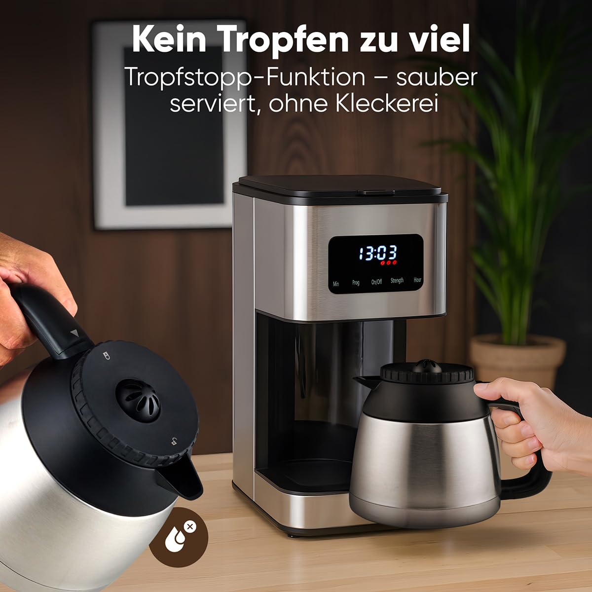ProfiCook® Kaffeemaschine mit Thermoskanne | für bis zu 10 Tassen Kaffee | Aromawahl | Tropfstopp | mit Uhrzeit-Anzeige | Filterkaffeemaschine Edelstahlgehäuse | 900W | Kaffeemaschine | PC KA 1300