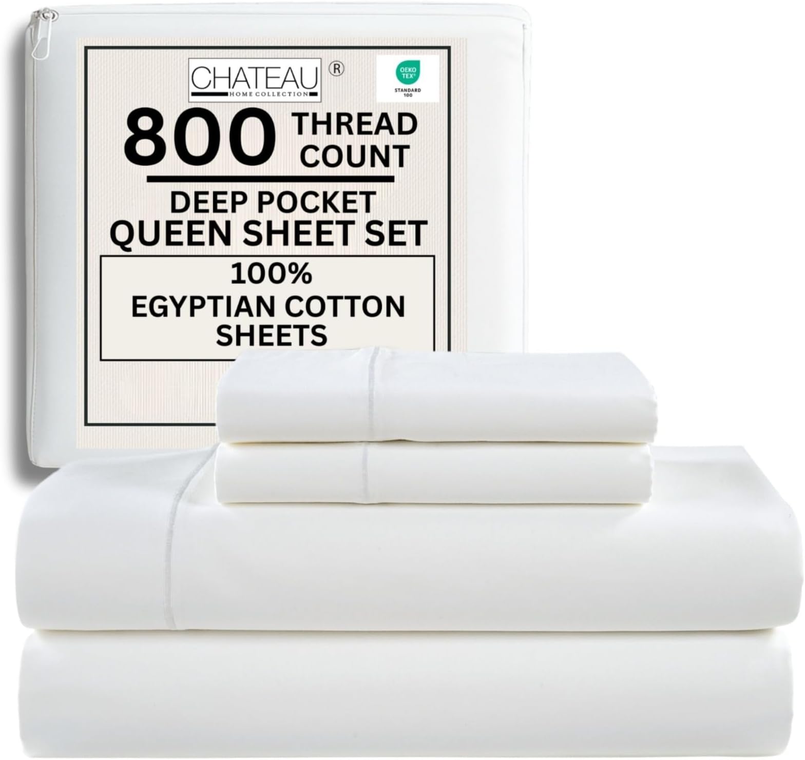 800 Thread Count Queen Sheet Set,100% Egyptian Cotton Sheets Queen Size Bed Set, Silky Sateen Weave White Sheets, Ultra-Soft Durable Hotel Luxury Bed Sheets with 15" Snug Fit Deep Pockets-White
