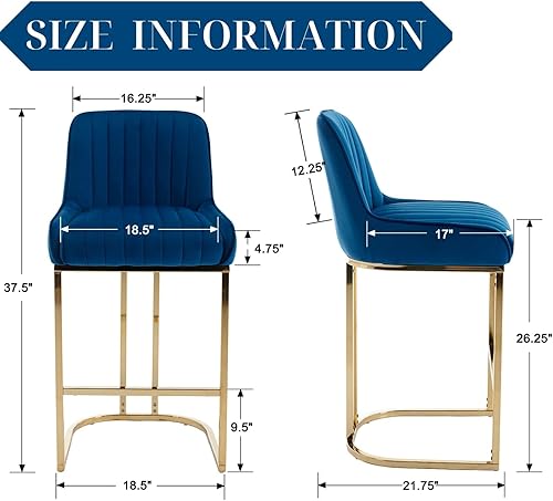Miniatura 2 de Juego de 2 taburetes de bar de terciopelo azul, modernos taburetes tapizados con patas doradas de 26 pulgadas de altura de mostrador, sillas de isla
