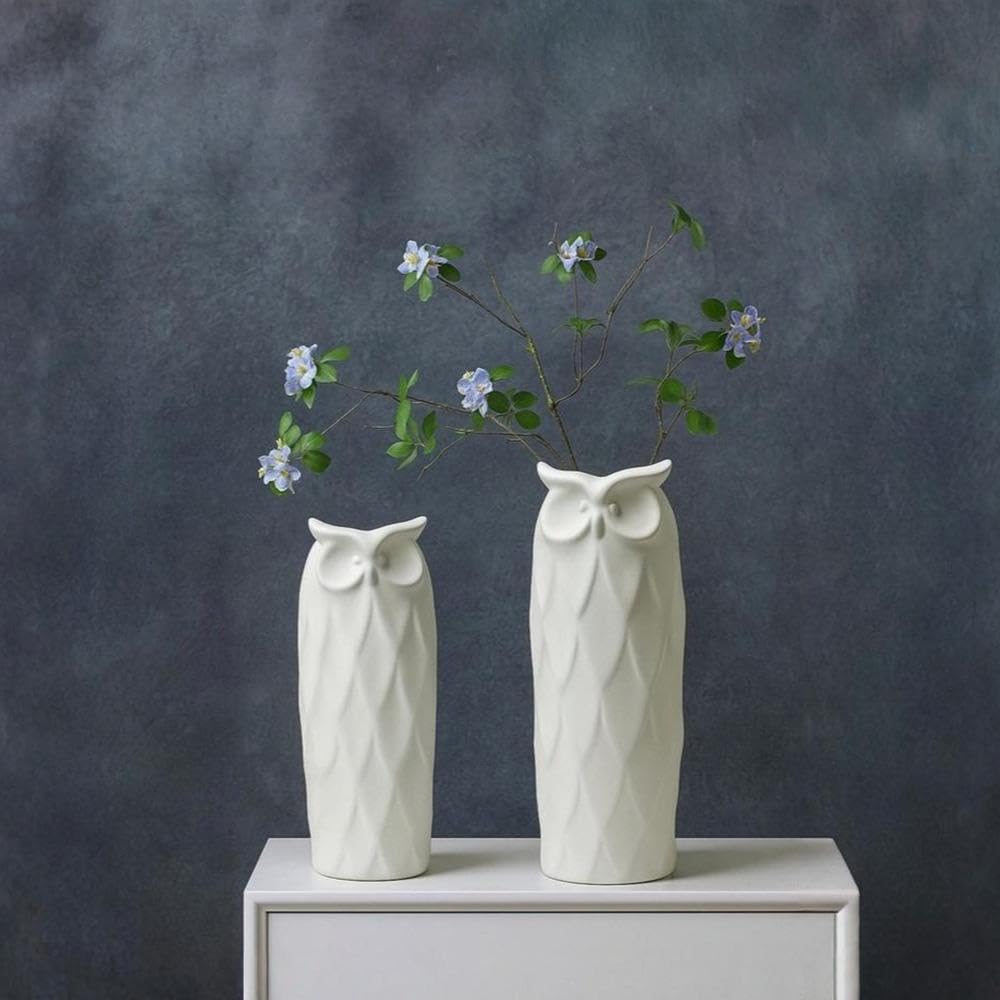 PUREZENTO SnowOwl White Ceramic Donut Vase 8.27 & 9.45 Inch - Set of 2 | Decorative Owl Shape Sculptural Vase for Dried & Fresh Flowers | Vases for Modern Home Decor, Living Room, Office Decor Ideas-picture-15