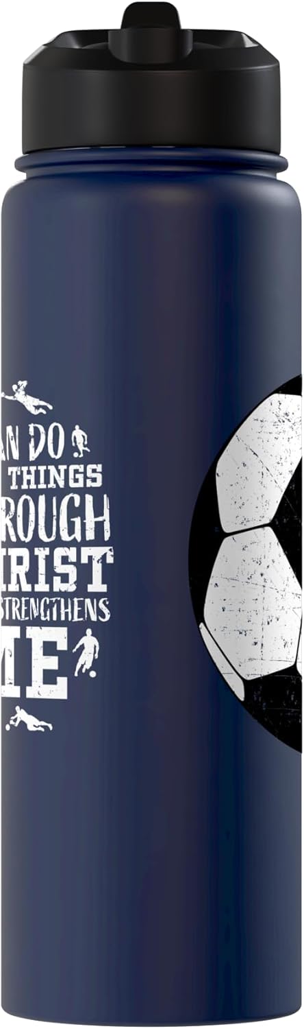 Christian Soccer Faith Graphic Bible Verse Philippians 4:13 Stainless Steel Insulated Water Bottle
