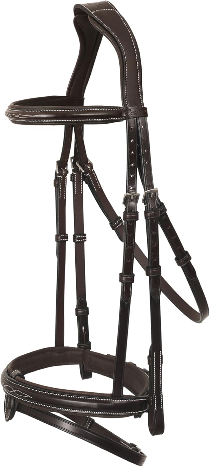 Exion Anatomical Snaffle Jumping Bridle for Horses with Removable Flash Noseband & Rubber Reins – Premium Vegetable-Tanned Leather, SS Buckles, Padded MonoCrown, Designer Stitching