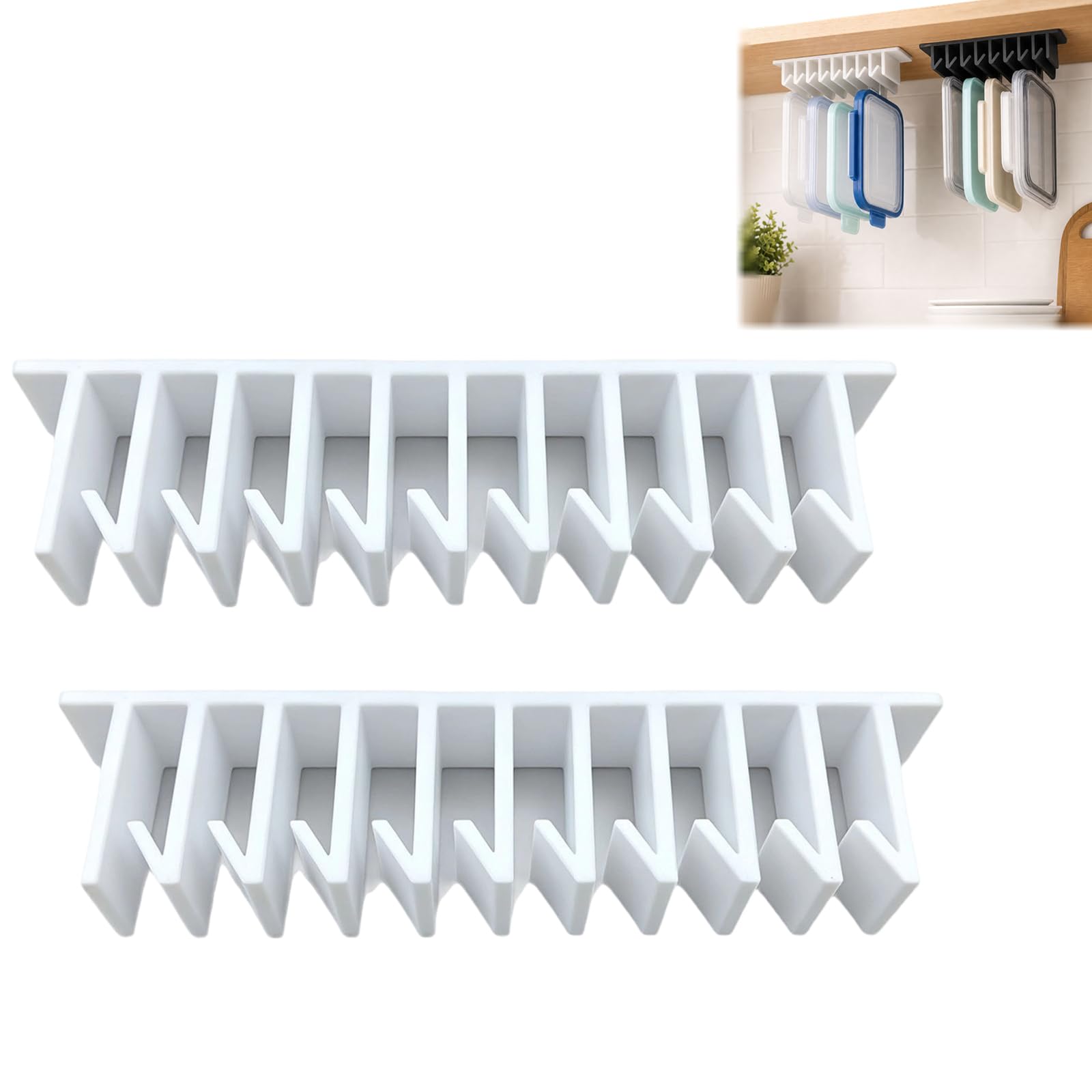 2PCS Lid Loft Lid Organizer, 10-Slot Hanging Lid Organizer for Food Storage Lids, Keeps Food-Container Lids Upright Separated Easy To Grab, Food Container Lid Holders Inside Cabinet (White)