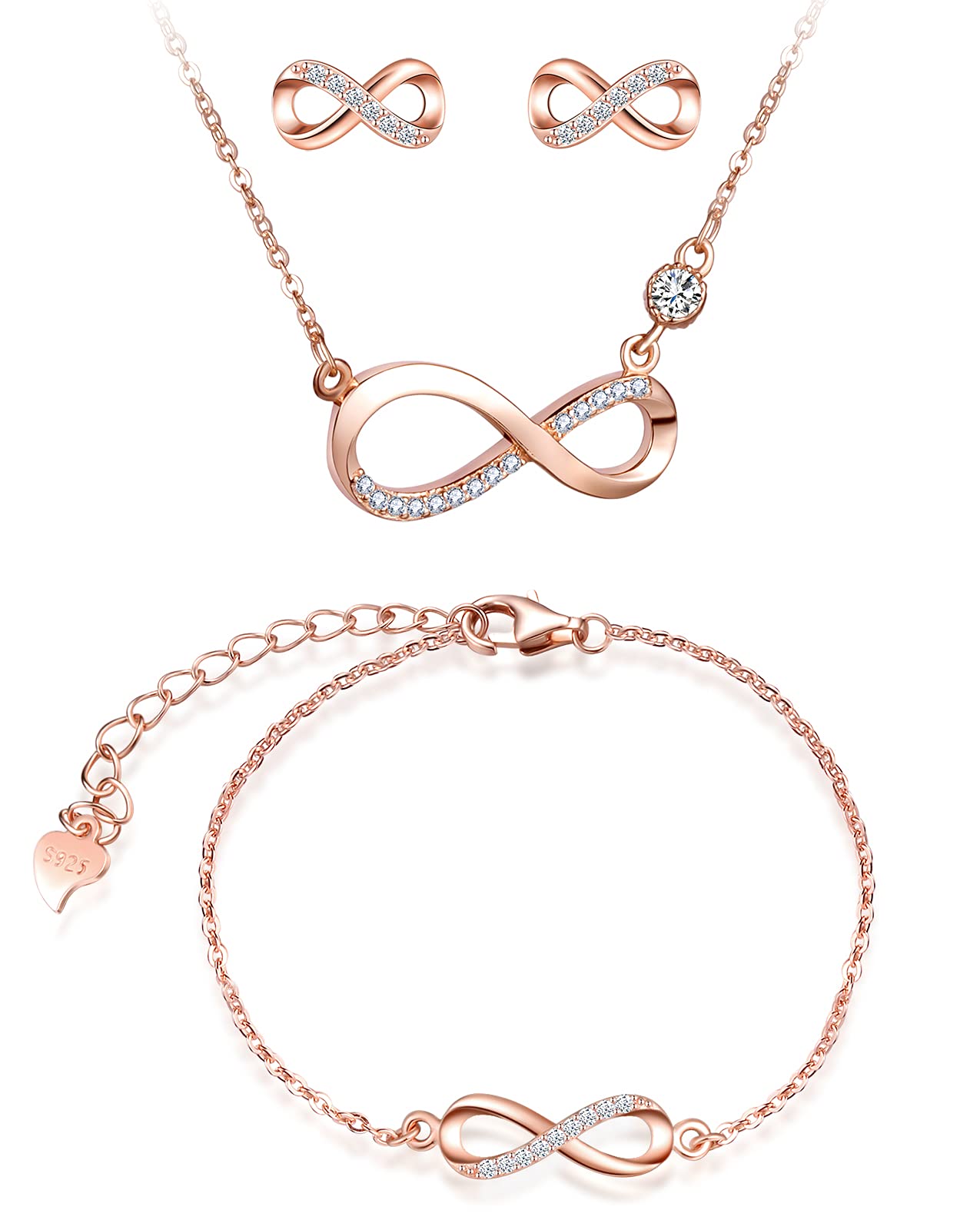 CPSLOVE Collares Pulsera y Pendientes símbolo de infinito para mujer, Conjunto de joyas para mujer niña, collar colgante pulsera y pendientes de plata 925, Circón brillante, Largo ajustable, oro rosa