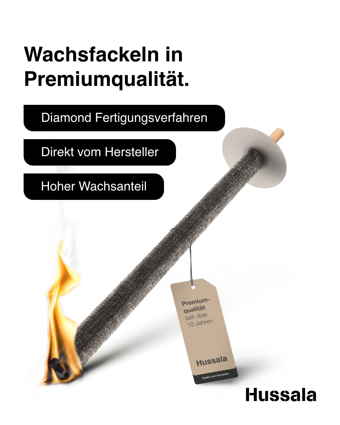 Hussala Diamond Wachsfackeln [10 Stück / 120 min] mit Holzstab und Tropschutz, Garten Fackeln aus Diamond-Wachs