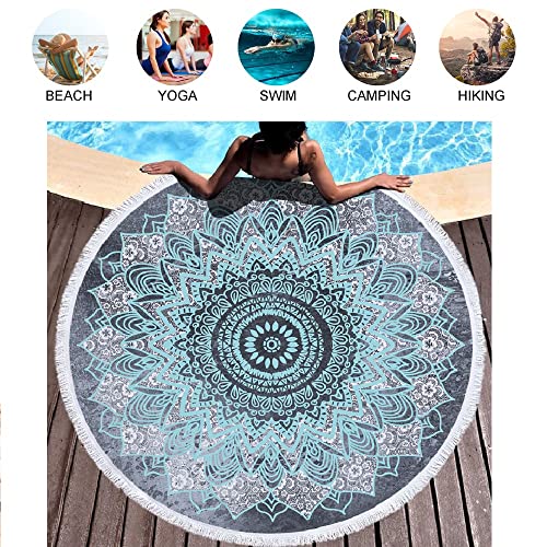Mimihome Mandala Beach Towel,Indian Boho Hippie Bohemian Round Beach Towels With Tassel,Super Water Absorbsent And Dry Faster Beach Throw Blanket Yoga Mat, 59 Inch,Grey White Blue #TOP6