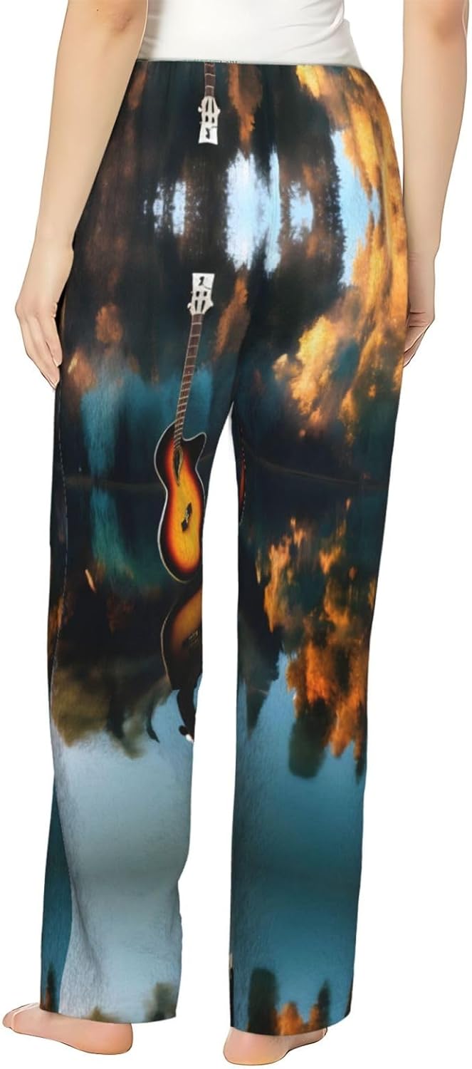 Lake Guitar Reflections Print Cozy Flannel Pajama Pants For Women,Warm Christmas Pj Pants,Cute Fleece Pajamas