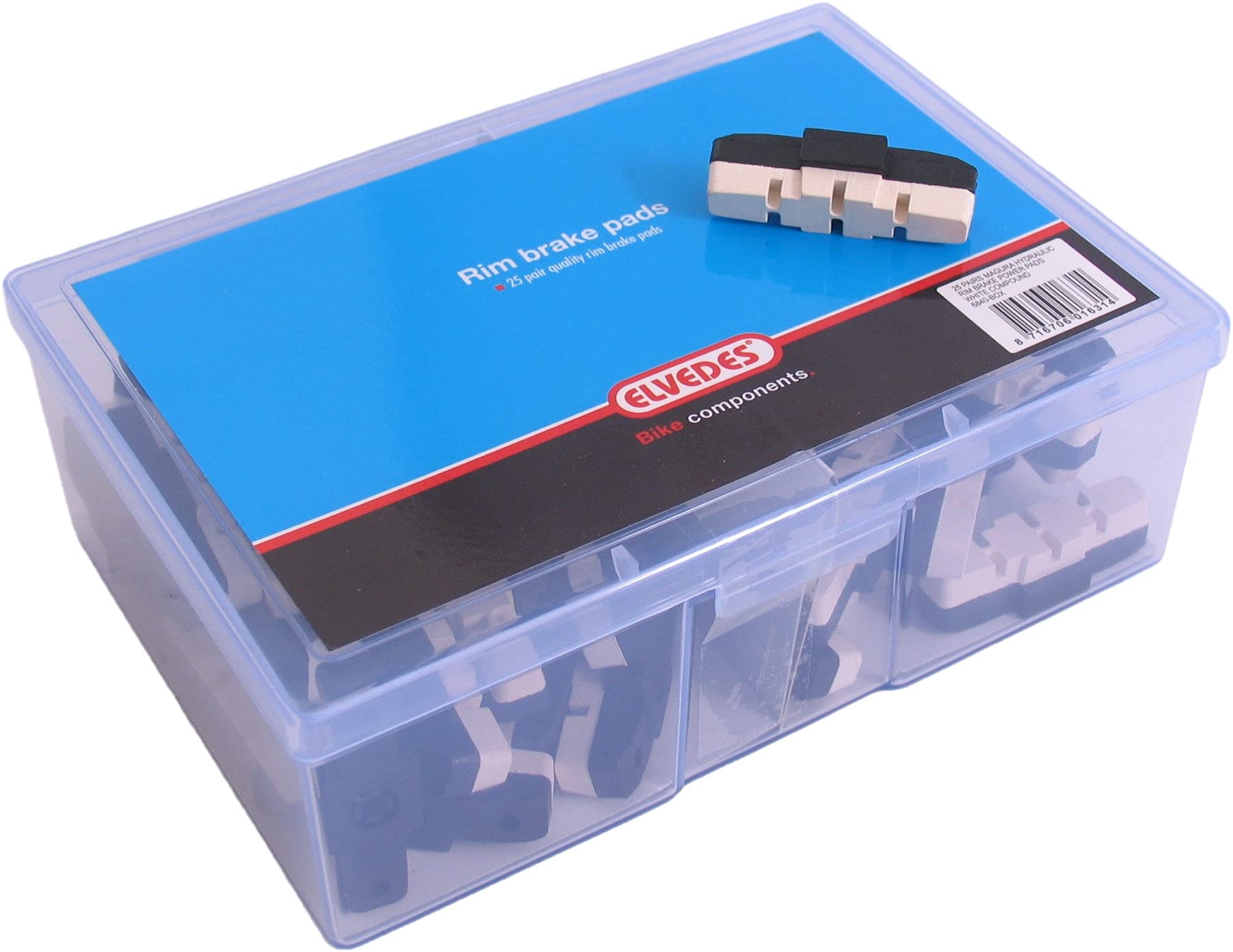 Elvedes Bremsbelag-Satz für Magura Hydraulische Felgenbremsen – 25 Paar, 72 mm, LOW-NOISE Compound, asymmetrischer Bolzen, inkl. Befestigungsteilen, Werkstattbox, Einheitsgröße, schwarz/weiß