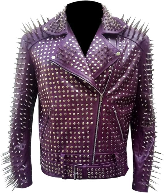 Mens Long Spikes Rock Punk Gothic Studded Brando Silver Studded Motorcycle Biker Cow Leather Jacket Purple/Black