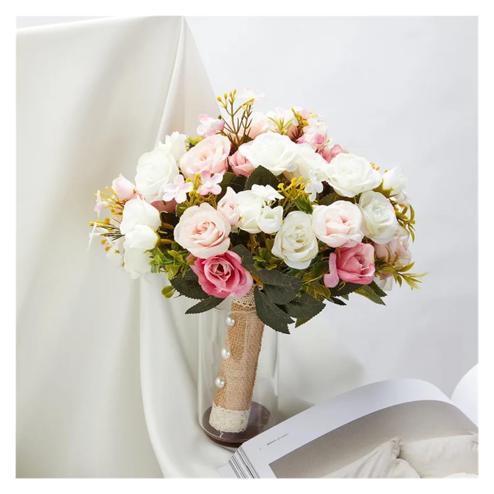 Pink Wedding Bouquet Bride Bridesmaid Holding Flowers Silk Ribbon Roses Artificial Flower Accessories(White pink)
