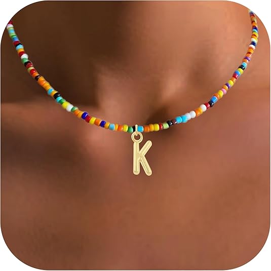 Colorful Beaded Initial Necklaces for Wowen, Personalized Choker Necklace for Her