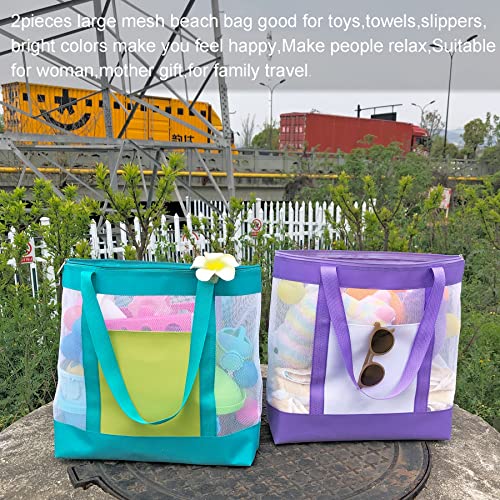 Hsmyank 2Pack Lightweight Mesh Tote Bag,Sandproof Beach Bags With Zipper &Double Pocket For Groceries,Poolside,Travel,Gym (Lake Blue+Purple) #TOP6
