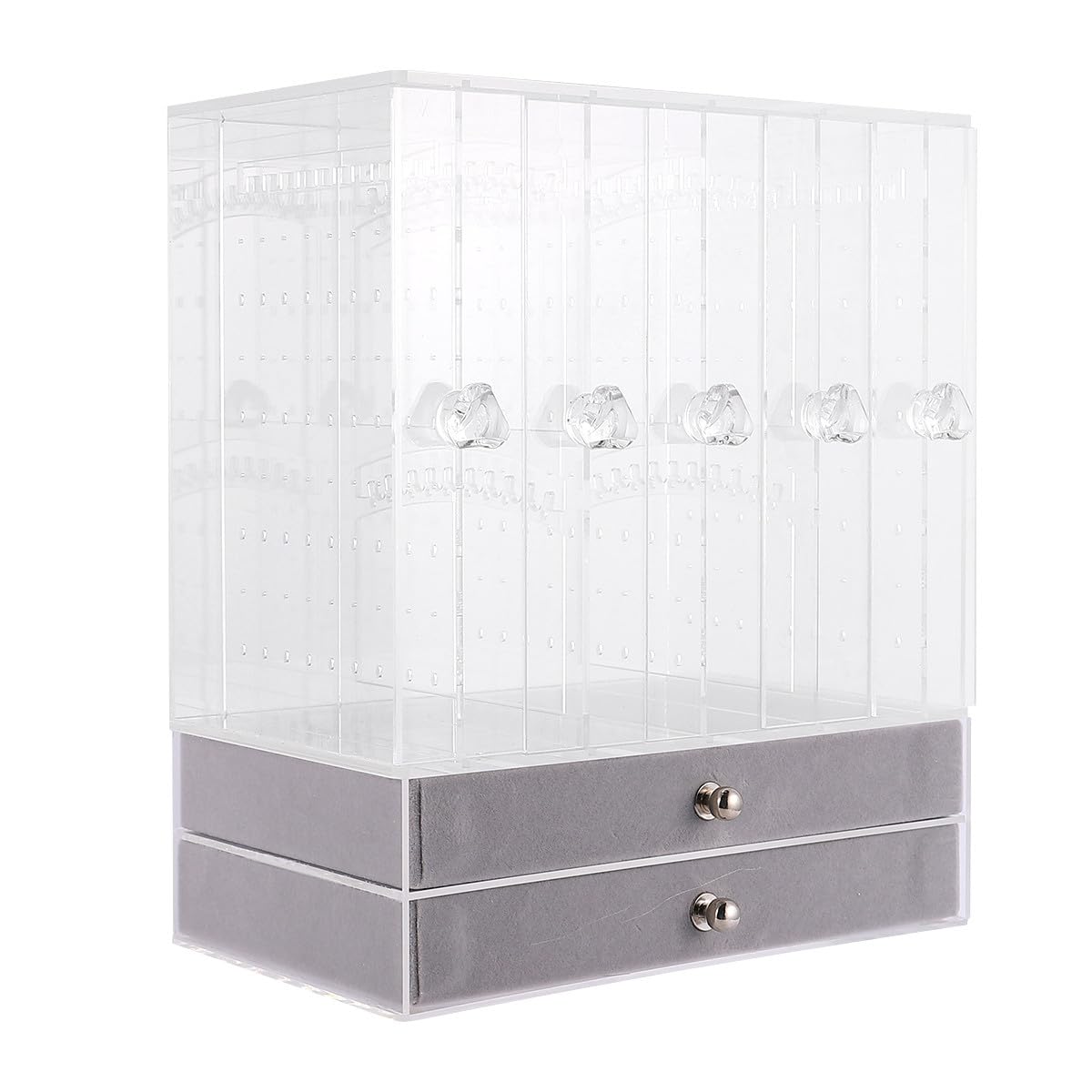 Expositor y Organización de Maquillaje 5 Puertas y 2 Cajones para Joyas de Acrílico Blanco Soporte Estable para Anillos y Collares, Adecuado para Escritorio