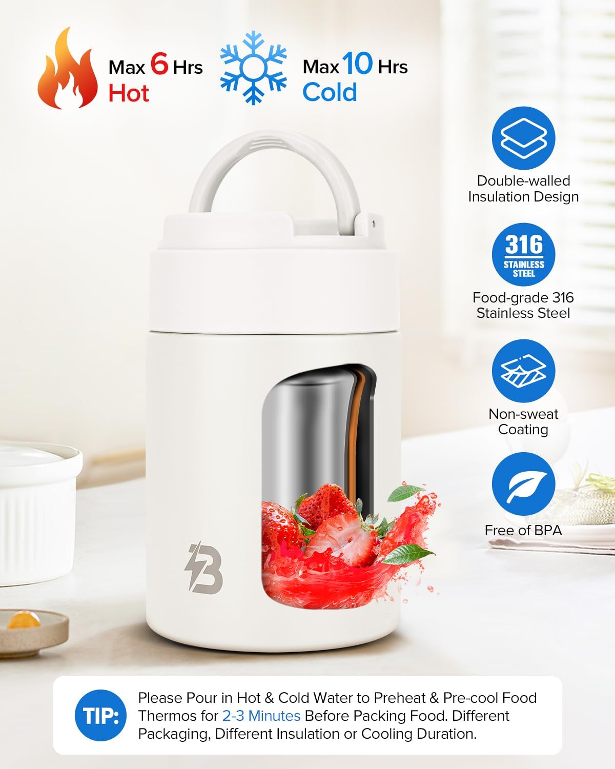 Soup Thermo for Hot Food,17OZ Insulated Food Jar with Spoon & Handle, White
