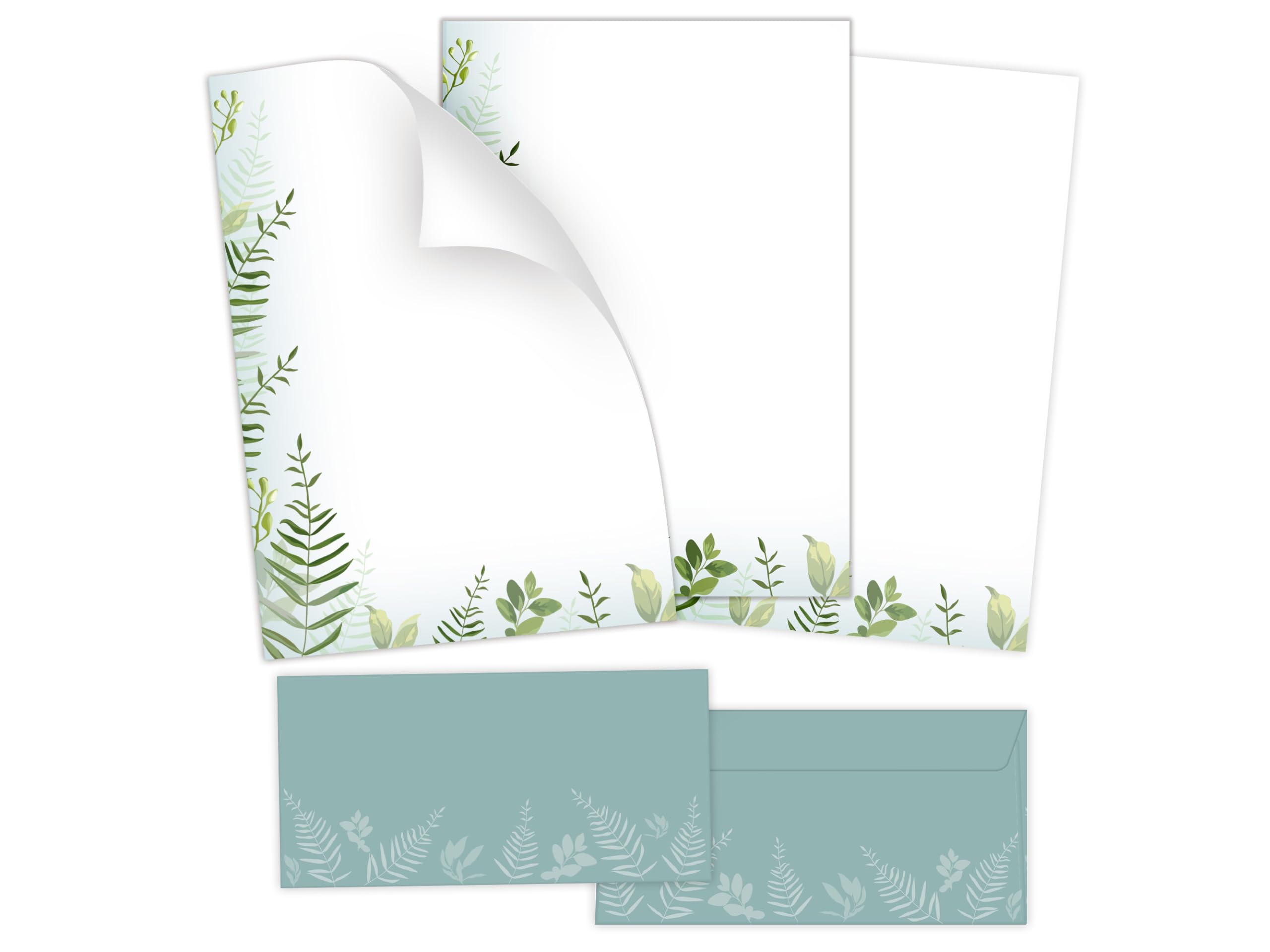 Briefpapier-Set 250 Druckerpapier DIN A4 + 250 Umschläge DIN-lang haftklebend NATUR-LOOK Blätter Zweige beidseitig beschriftbar und bedruckbar Frühlingspost Ostern Taufe Kommunion Konfirmation