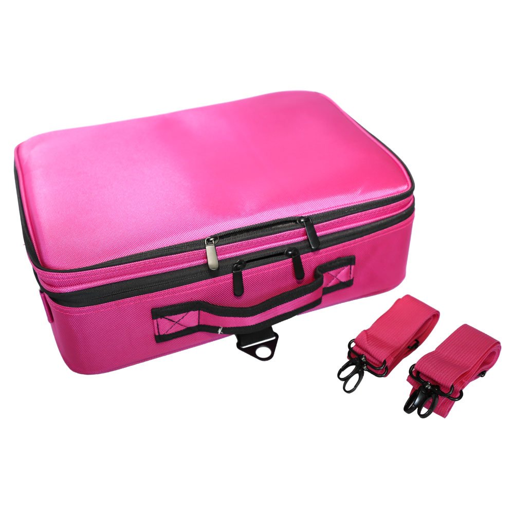 Professional High-Capacity Multilayer Portable Travel Makeup Bag with Shoulder Strap (Large) Rose Re