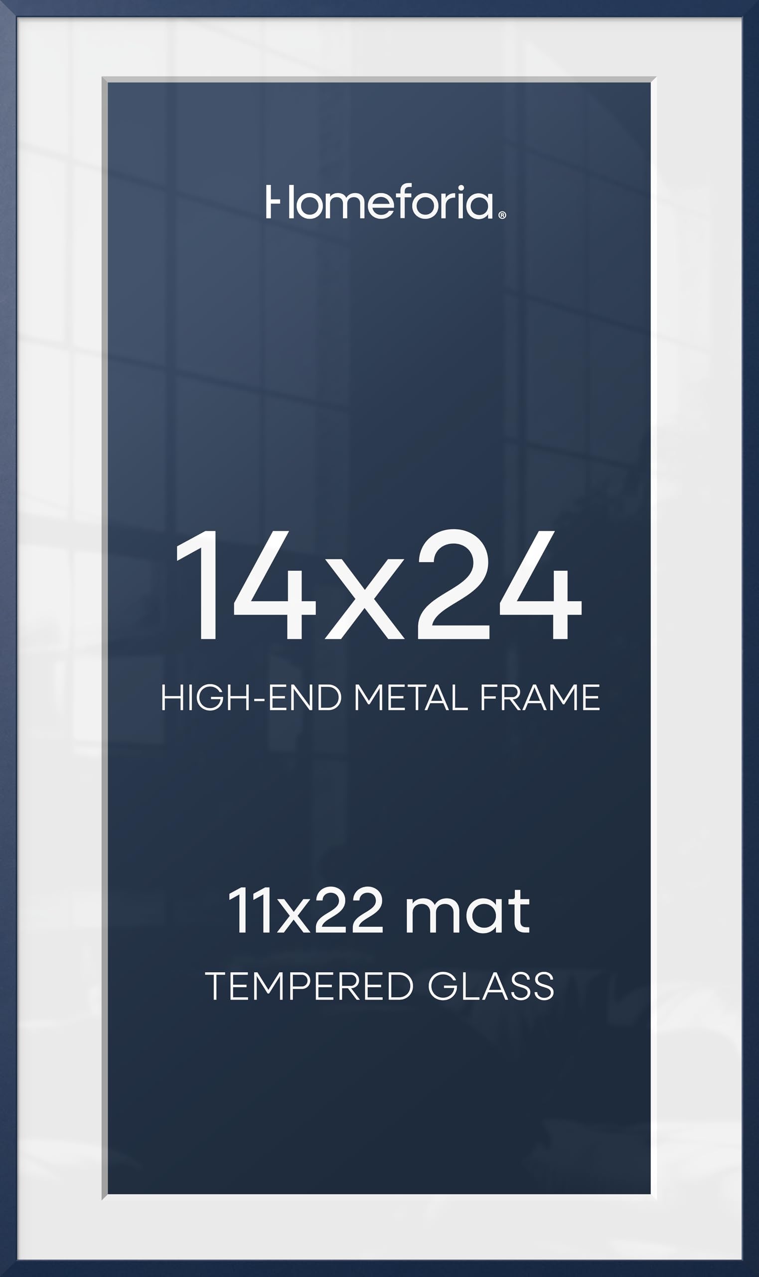 Homeforia 14x24 Blue Picture Frame, High-End Metal, 11x22 Mat, Glass | High End Aluminum, Tempered Glass, Acid-Free 11x22 Removable Mat, 14x24 in Edge-to-Edge Display 24x14, Wall Kit, Set Of 1