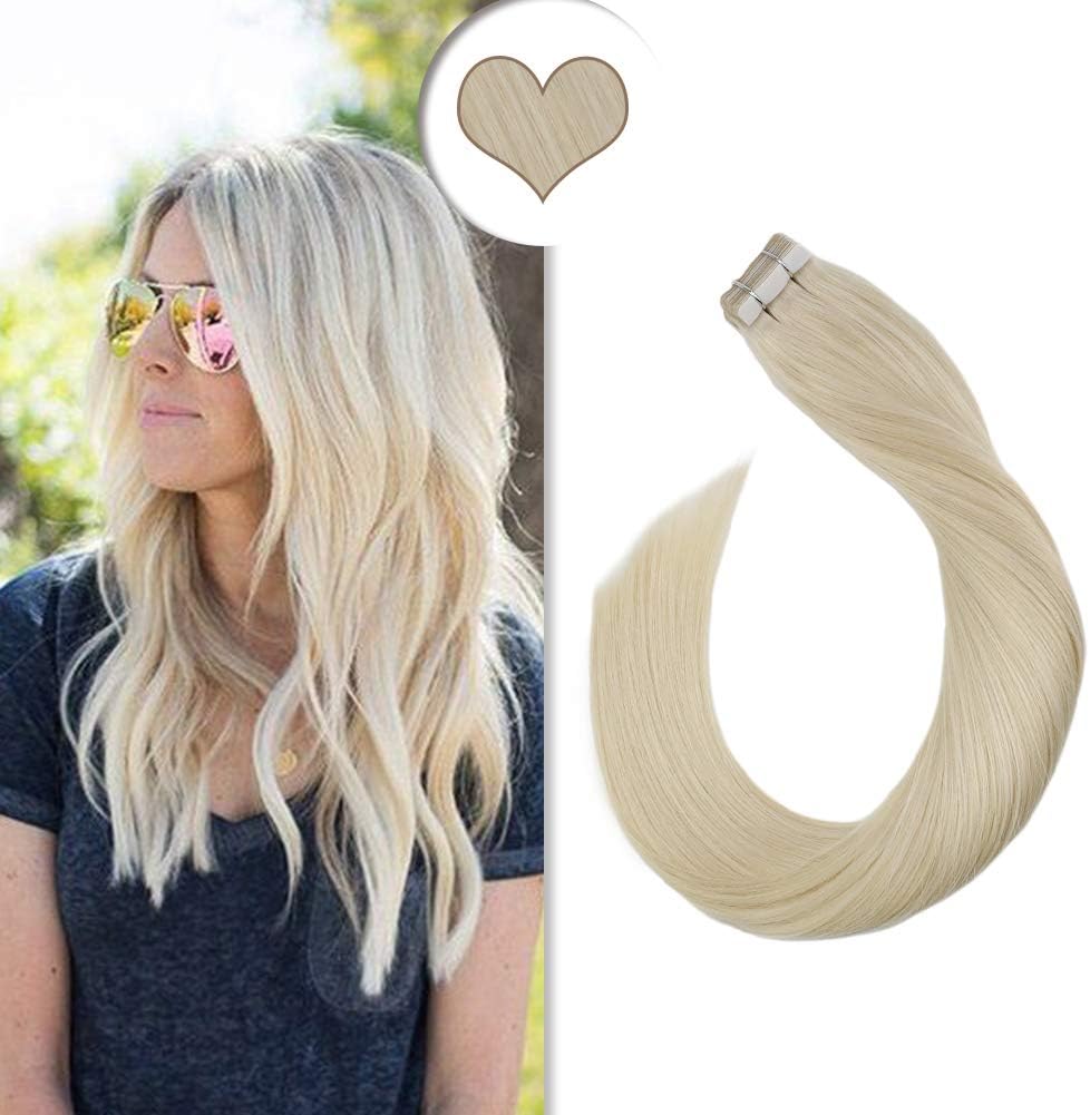 Blonde Tape Extensions, Ugeat Blonde Tape in Hair Extensions Long Hair Extension 65cm Platinum Blonde Hair Extensions Tape in Straight Human Hair 50 Grams #60 20 Pieces