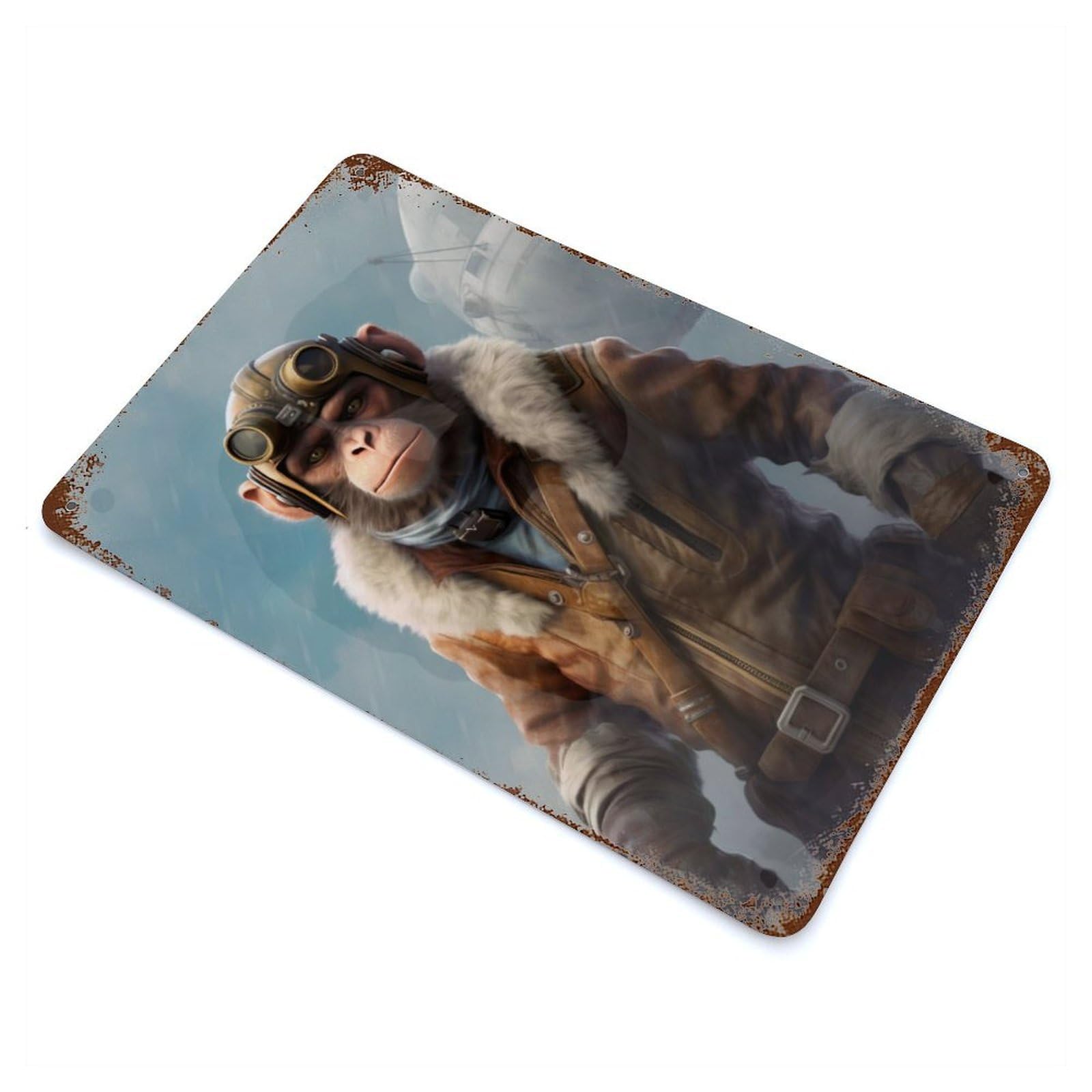 Rust Effect Monkey As A Pilot Rusty Metal Tin Sign 11.8"x7.9", Old School Wall Decor for Basement, Hobby Room And Garage Decor