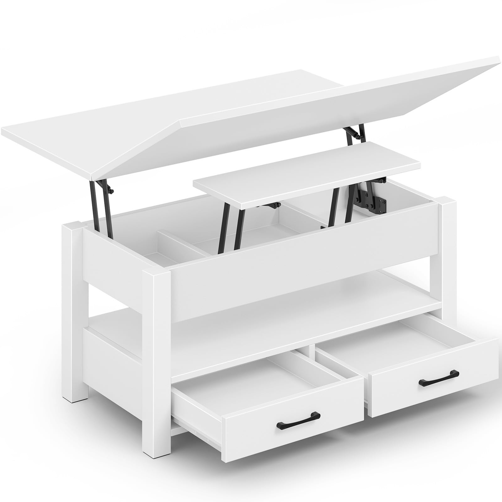 Rolanstar Table Basse Relevable et Extensible en Bois – avec Tiroir, Rangement Caché et Compartiment Ouvert – Convertible en Table à Manger – Idéale pour Petits Espaces – Blanc