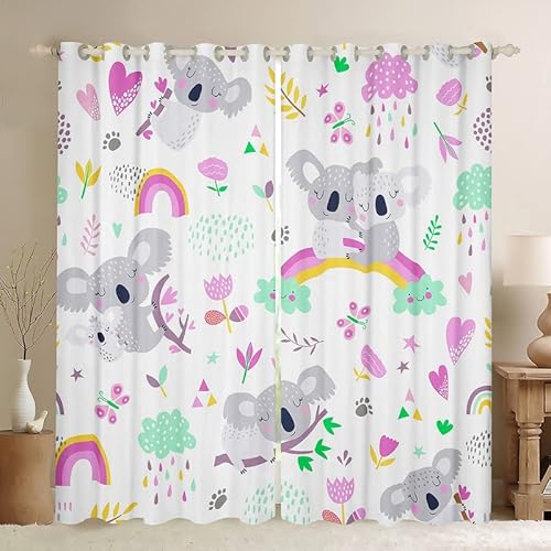 Koala Curtains Sets Koala Bear Window Curtains Raining Rainbow Blackout Curtains Kawaii Room Decor Cute Animals Flowers Paw Print Curtains Drapes Living Room Decor 2 Panels 52W"X84L" Green Pink #TOP21
