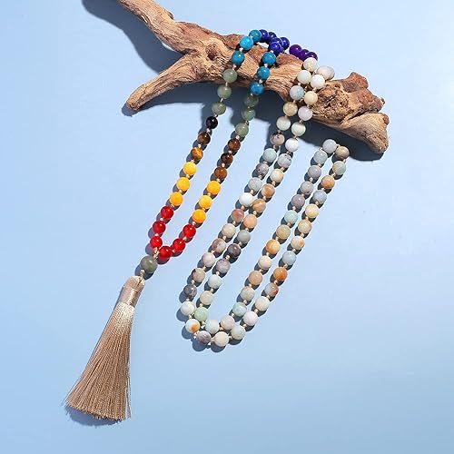 Miniatura 2 de Hovaete Juego de collar de 108 cuentas mala 7 chakras árbol de la vida piedras preciosas curativas reales yoga meditación anudadas a mano para