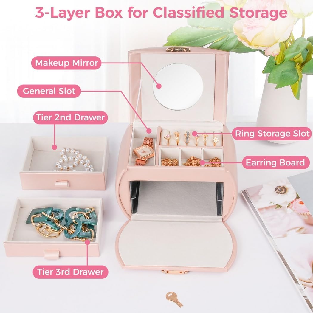 Jewelry Storage Box for Kids, 3-Layer Princess Style with Locking Mechanism and Mirror, Travel-Safe Jewelry Organizer and Gift for Birthdays