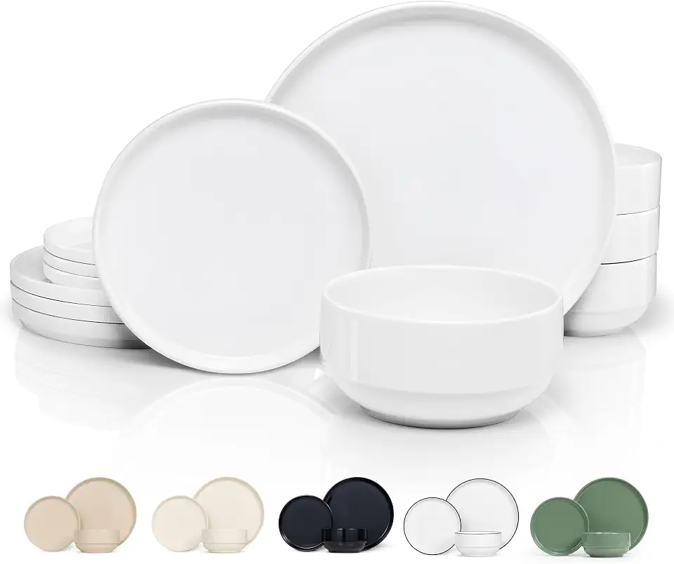 Conjunto de louça de cerâmica, serviço de 12 peças para 4, tigelas de sopa (893 g), pratos de salada (19 cm), pratos de jantar (27 cm), redondos, seguros para micro-ondas e lava-louças, branco