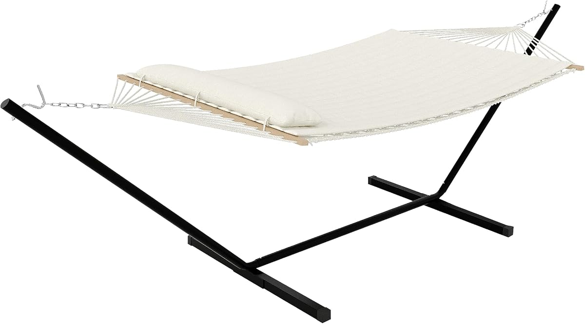 GarveeHome 2 Person Outdoor Hammock with Stand, Portable Hammock, Heavy Duty Hammock with Soft Pillow, Balance Ropes, for Patio, Backyard, Garden, Beach, Beige
