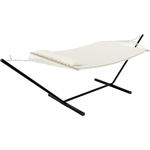 2 Person Outdoor Hammock with Stand, Portable Hammock, Heavy Duty Hammock with Soft Pillow, Balance Ropes, for Patio, Backyard, Garden, Beach, Beige