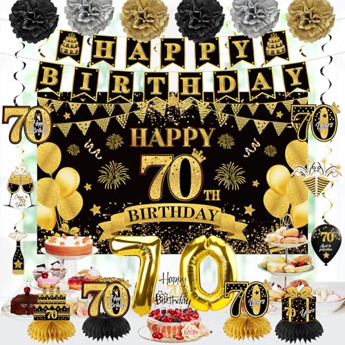 image for Eucutur 42PCS 70th Birthday Decoration Kit for Men Women, Black Gold H