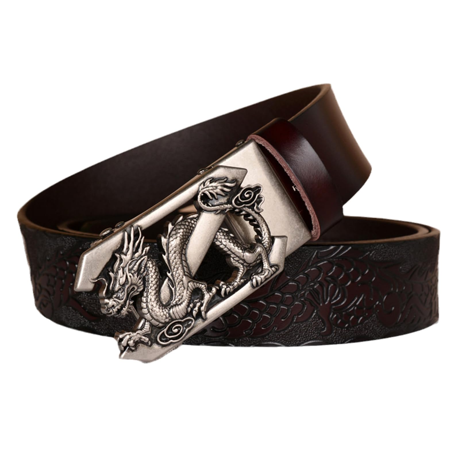 Cinturón De Trinquete Cuero Vaca Genuino, Hebilla Automática Grabada Con Dragón, Deslizante Informal Ajustable (cintura 115 Cm/39 Pulgadas, Negro)