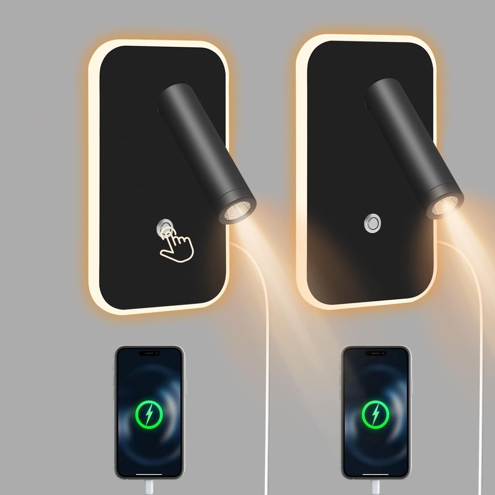 Lampe tête de lit 3W+9W 3000K, lumière de lecture murale avec interrupteur d'atténuation continue et port USB, applique de chevet noir 2 pièces