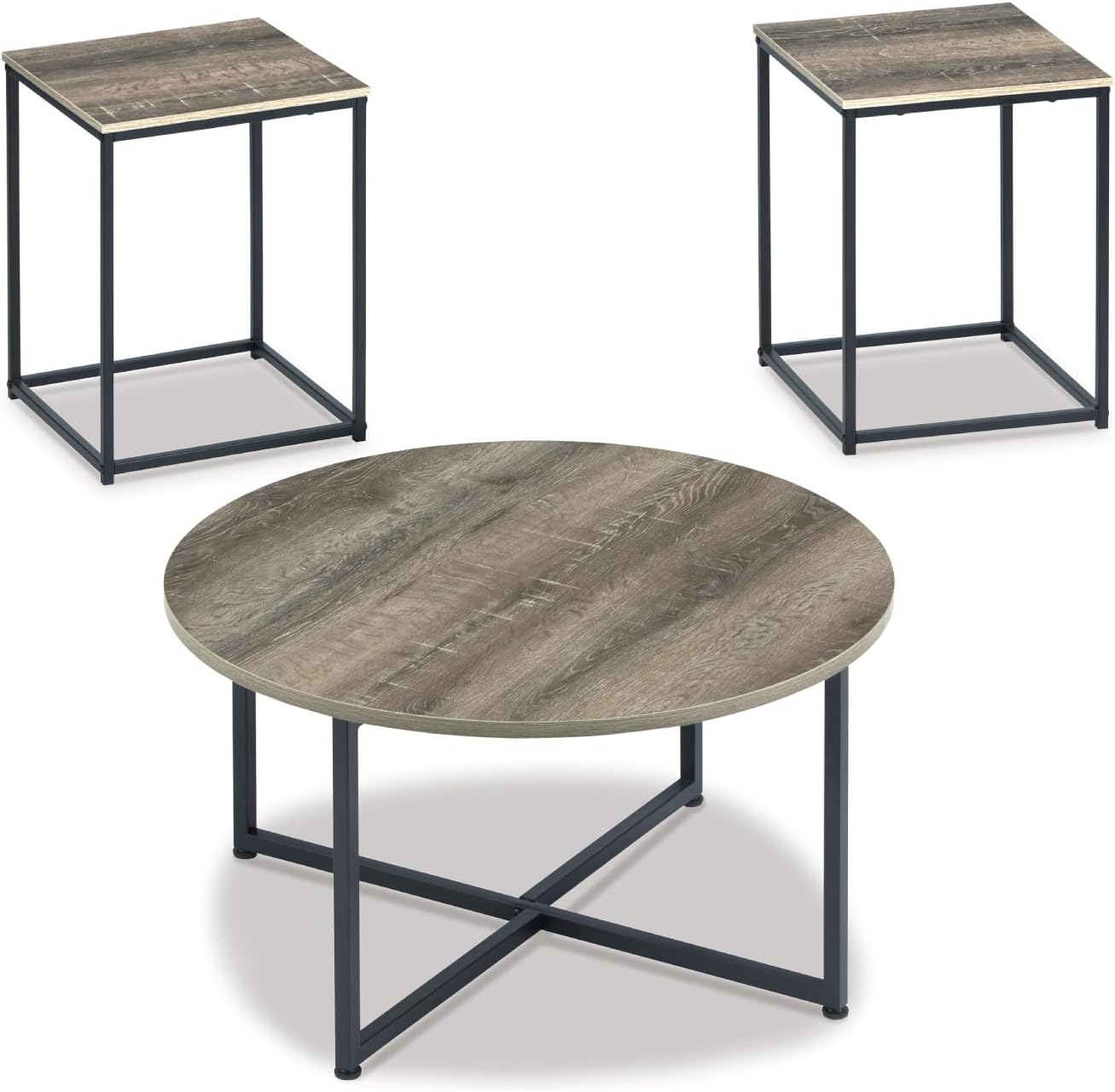 Signature Design by Ashley Wadeworth Urban Wood Grain 3-Piece Table Set, Includes 1 Coffee Table and 2 End Tables, Brown & Black