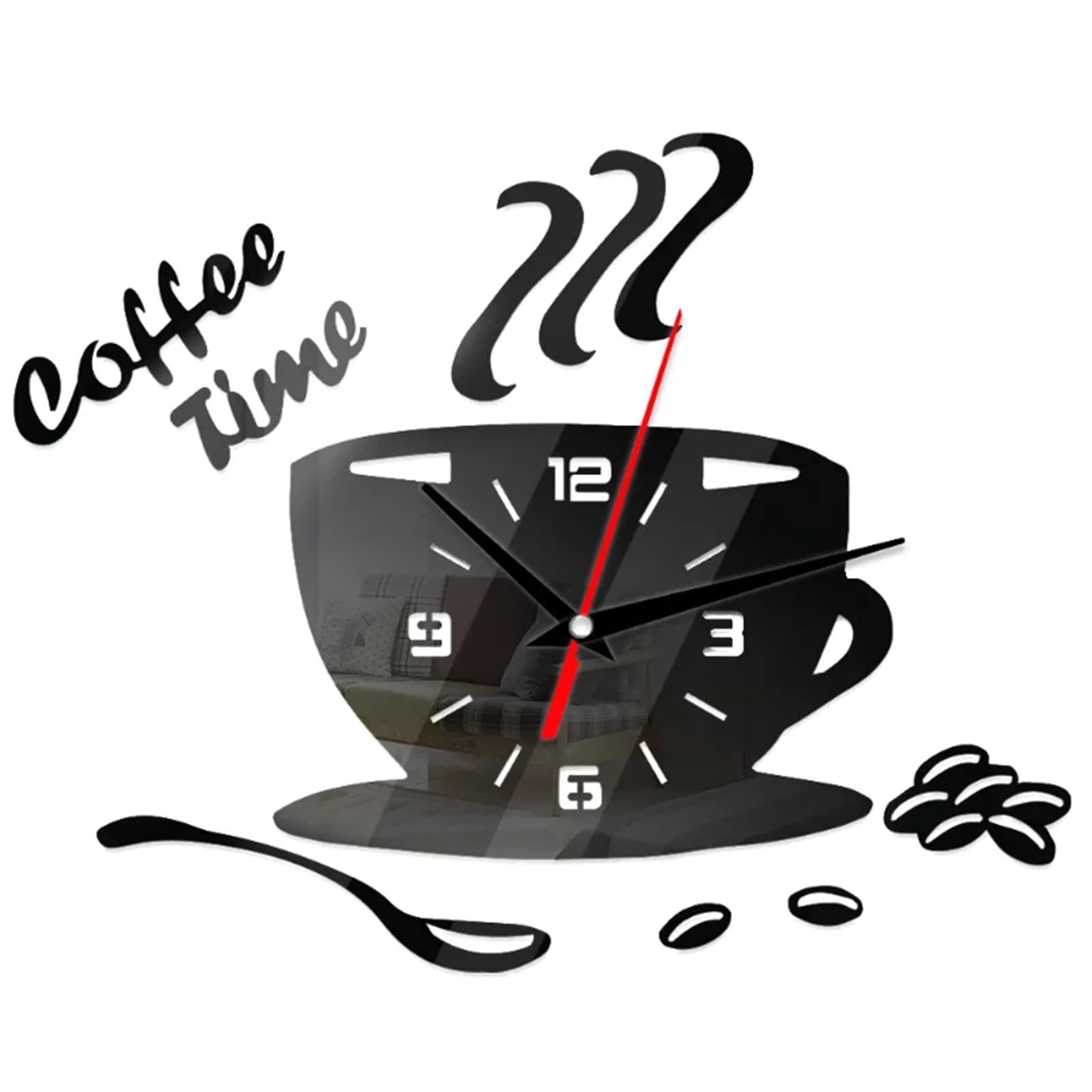 Horloge Murale créative Horloge Murale créative en Forme de Tasse à café, Autocollants Miroir 3D for décoration Murale de Cuisine et de Maison(Blue)