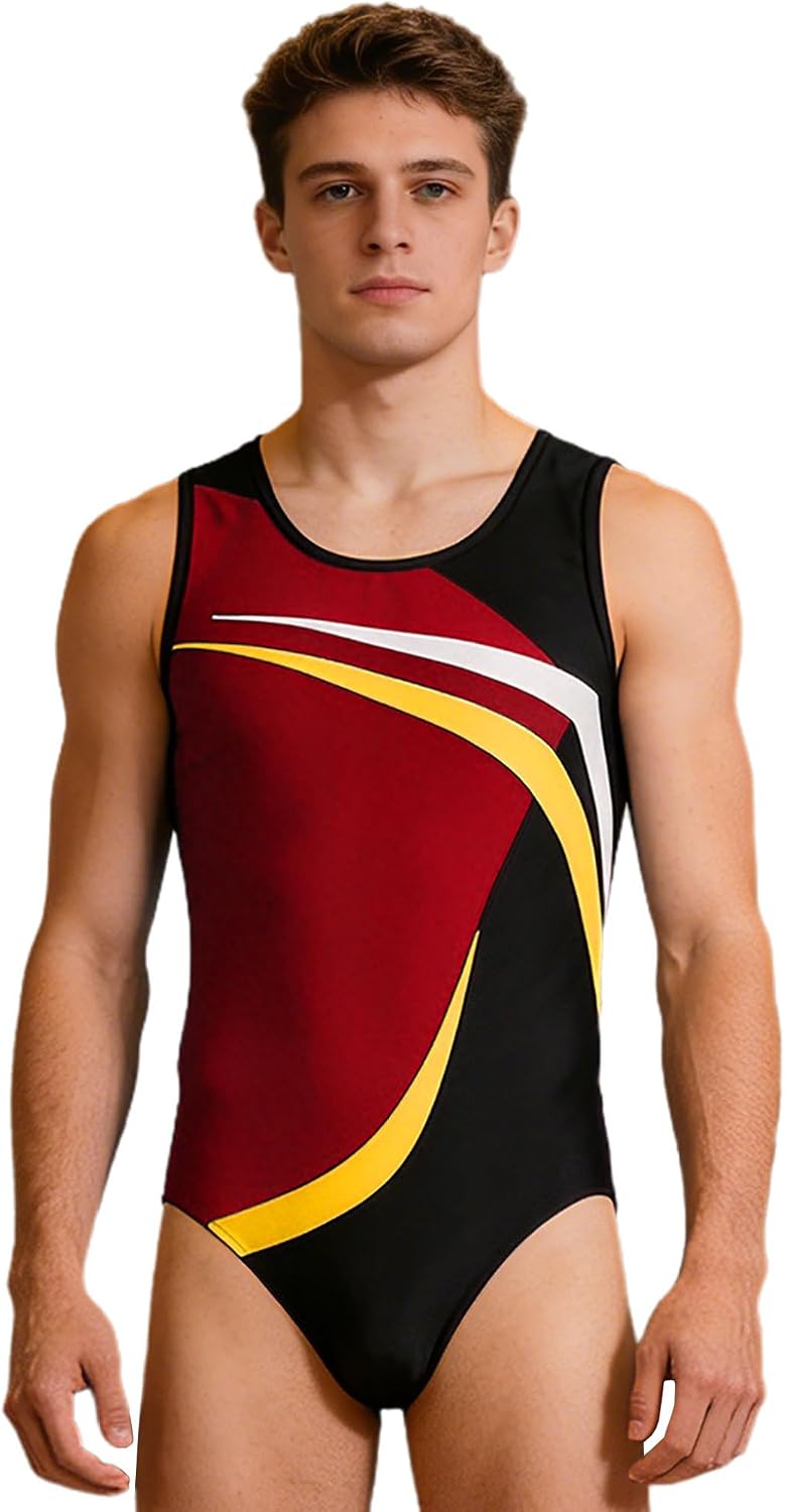 Mufeng Mens Sleeveless Gymnastics Dance Leotard Contrast Color Sparkle Dance Costume Yoga Bodysuit