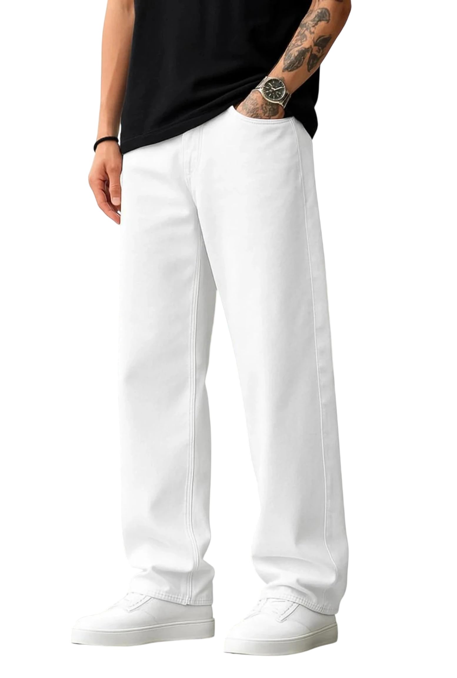 Men's Loose Fit Mid Rise White Denim Jeans | Solid Clean Look | Button Closure | 5 Pocket Casual-image-3