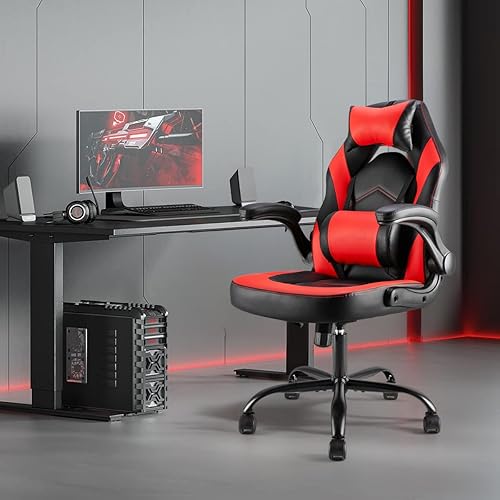 Miniatura 2 de Silla ergonómica de escritorio para juegos de computadora, piel sintética con soporte lumbar ajustable y reposacabezas, reposabrazos abatibles,