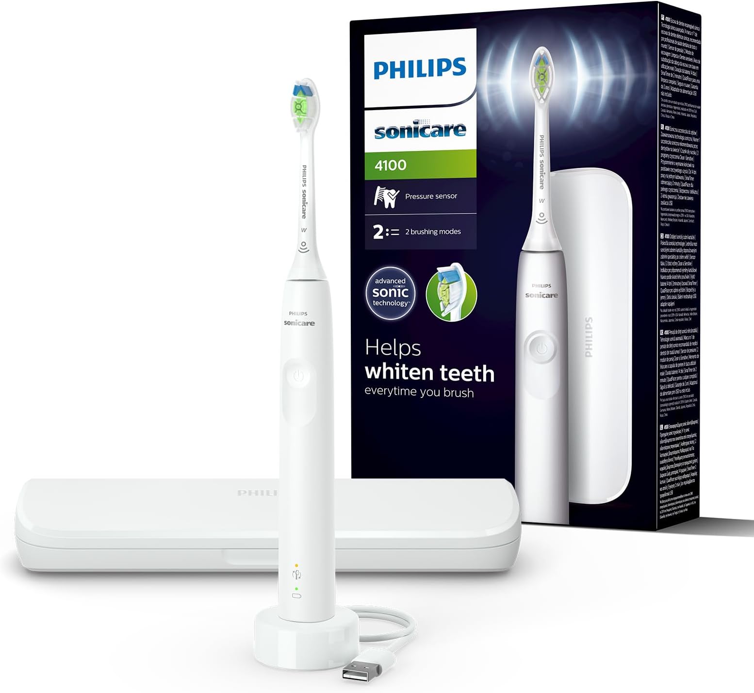 Sonicare 4100 Electric Toothbrush for Adults with 1 x Philips W2 Optimal White Sonic Brush Head in White, Slim Travel Case and USB Charger