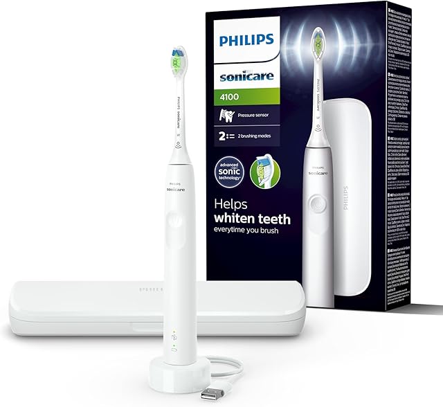 Philips Sonicare 4100 Elektryczna Szczoteczka do Zębów dla Dorosłych z 1 Główką Szczoteczki Sonicznej Philips W2 Optimal White, Smukłym Etui Podróżnym i Ładowarką USB (Model HX3683/33)